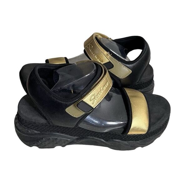 SKECHERS Platform Sandals Cloud9 Matte Gold Black Adjustable Straps - Picture 1 of 9